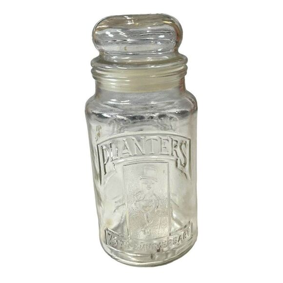 Planters Nuts Clear Glass Canister 8” Tall 75th Anniversary 1981 With Lid Peanut - Picture 1 of 8